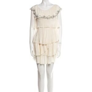 Magali Pascal Cream Silk Tiered Ruffle Embroidered Mini Dress Small Off Shoulder